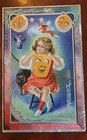 Halloween Antique Postcard Girl With Orange Mask Black Cat Witch Early 1900s