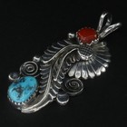 Vtg Sterling Silver - Navajo Turquoise   Coral Leaf Spiral Necklace Pendant - 9g