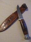 Vtg  Queen Knife W leather Sheath  Stacked Leather Handle  Made Usa