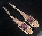 Art Deco Earrings Brass Filigrees Antique Amethyst Glass Stones