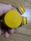 3 Antique Wood Spinning Tops With Metal Tips Vintage Yellow Red White Blue
