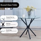 Round Clear Glass Dining Table Black Legs   4pcs Gray Faux Leather Dining Chairs