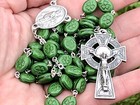 Vintage Erin Celtic Irish Green Clover Shamrock Etched Glass Bead Rosary