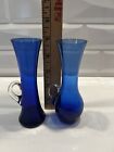Pair Of Vintage Blue Art Glass 5  Bud Vase Pitcher Applied Crystal Handle