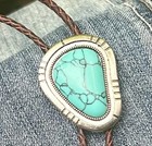 Cowboy Southwestern Turquoise Bolo Tie Brown Leather Cord Fast Free Shipping 