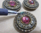 1 1 2  Antique Victorian Gay 90 s Brass Button Purple Pink Faceted Glass Jewel