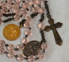 Vtg Rosary Crucifix Necklace Pink Faceted Glass Bead 5 Decade Mary Medal 21 Inch