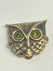Vintage Mid Century Gold Metal Owl W  Green Stone Eyes Lipstick Case Holder