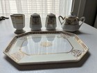 Unmarked White Porcelain Octagon Tray  Gold brown Geometric Border Glossy