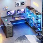 U Shaped Corner Computer Desk With Led Lights  Storage Shelves  3 Drawers  grey 