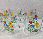 Vtg 1970s Luminarc Glass Coffee Cup Mug Flowers Retro Tulips France Set Of 8