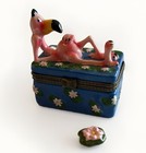 Vtg Ceramic Hinged Trinket Box Pretty Pink Tropical Flamingo Blue Flower Trinket