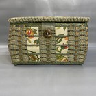 Vintage Woven Ribbon Wicker Sewing Storage Basket Floral Print Padded Lid Green