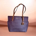 Michael Kors Jet Set Logo Tote Brown Zip Top Mk Charm Gold Hardware Pockets