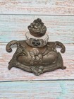 Antique Art Nouveau Pewter Inkwell Floral Inkstand With Glass Insert