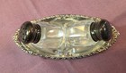 Vtg Mini Tilted Glass Salt Pepper Shakers Silver Plated Lids   Tray Mcm Japan