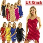 Womens Sequin Latin Dance Dress Strap Samba Rumba Tango Fringe Tassel Dress
