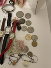 Junk Drawer Lot Vintage To Modern Coins Untested Watches Pins Keys Jewelry  more