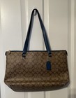 Coach Signature Tote 79609 Khaki Blue Full Zip Pvc Leather Shoulder Bag Pockets