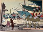 Antique Painting Nautical Ship Workers Saloon Coast Beach Marina Port Navy Dock