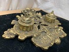 Antique Art Nouveau Dual Bowl 10 5  Magnificent Ornate Cast Brass Inkwell