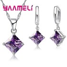 925 Sterling Silver Color Jewelry Set Crystal Square Pendant Necklace Earrings