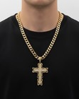 Large Gold Cz Cross Pendant Necklace  14k Plated  10mm Cuban Chain Men s women s