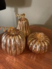 3pc Mercury Crackle Glass Pumpkins Led Lighted Amber Copper Fall Harvest Decor  