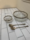 Vintage English Silver Plated Cut Glass Bowls With Serving Utensils Set