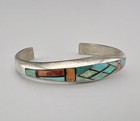 Vtg Phillip P  Sanchez Navajo Sterling Silver Multi Gem Flush Cuff Bracelet