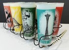 Vintage 1962 Seattle World s Fair Frosted Drinking Glass Tumbler Set Of 8 Caddy