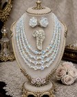 Vintage Ab Crystal Necklace Brooch Earrings Set 4 Strand Mid Century Glam 3pc