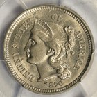 1870 Three Cent Nickel   Pcgs Ms62   Gold Shield 3cn 