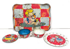Vintage 1950s Ohio Art Tin Litho Tea Set   Tray Girl   Doll Little Bo Peep Mcm