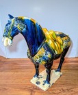 Large 14    Tall   Chinese Tang Style Sancai Blue Glazed Ceramic War Horse Statue