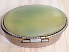 Vintage Silver-tone Green Jadeite Glass Lid Pill Box  Trinket Jewelry Box