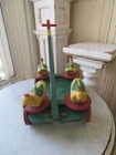 Vintage Green Red Yellow Wooden Pull Toy 4 Moving Wood Ducks Old Folkart