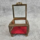 Vintage Brass Glass Jewelry Casket Beveled Box Gold Filigree Red Velvet Footed