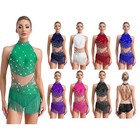 Women s Shiny Rhinestone Mesh Bodysuit Modern Jazz Ballroom Latin Dance Dress