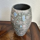 Vtg Vase 7 5  Art Pottery Hand Thrown Stoneware Spotted Blue Brown Signed Read