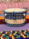 Azar Vintage Bluewoven Wicker Sewing Basket Box Lined Woodbottom