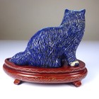 Lapis Lazuli Cat Hand Carved With Inlaid Wooden Stand-vintage Asian Sculpture