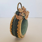 Vtg Fancy Pin Cushion Green Velvet And Gold Finish With Flowers