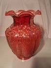 Antique Cranberry Glass Oil Lamp Shade 9 1 2 Tall 4  Fitter Embossed Ruffled Top