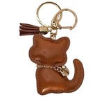 Cat Key Chain Keyring Bag Charm Faux Leather Tassel Gold Tone Brown Solid