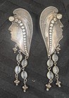 Vintage Unique Long Sterling Silver Tribal Face Cabochon Post Earrings 925