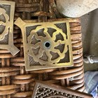 Pair Antique Victorian Aesthetic Cast Brass Corner Plates Medallion Pivot 3 5 