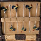 Art Deco Sterling Silver Enamel Rooster Cocktail Picks Set 6 Original Box