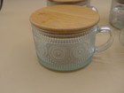 Vintage Style Glass Embossed Cup Coffee Mug W  Handle  Spoon   Bamboo Lid 4 Set