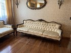Antique Vintage Sofa 3 Piece Set Ivory Damask Carved Wood Sofa Loveseat Chair
